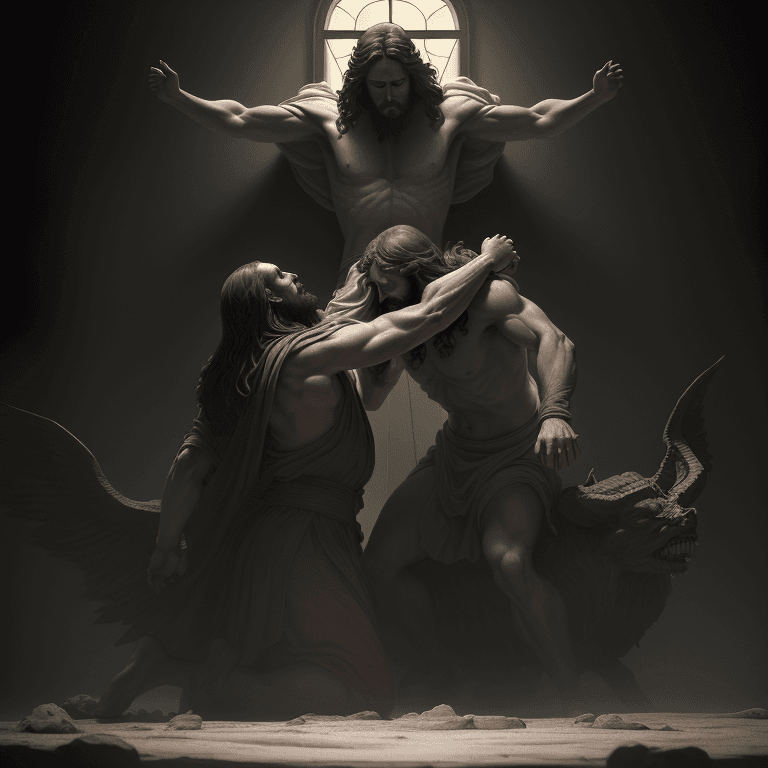 AI generated: Jesus fighting the devil, dreamy atmosphere, symmetrical baroque painting, perfect composition, beau...