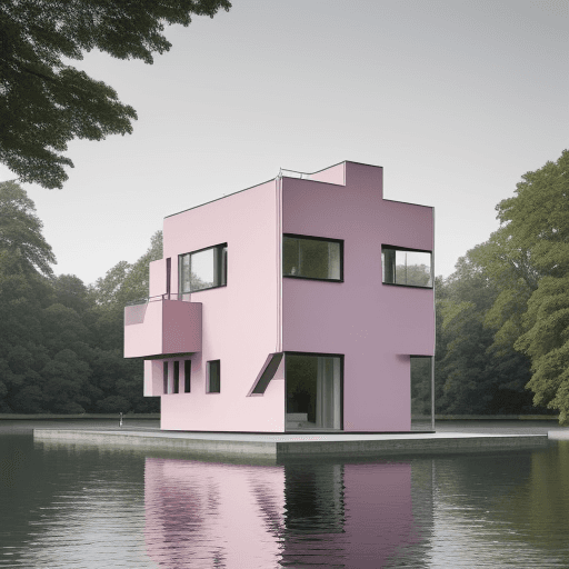 AI generated: 
small single-family house in Bauhaus style by the lake. View of the house from diagonally above, th...