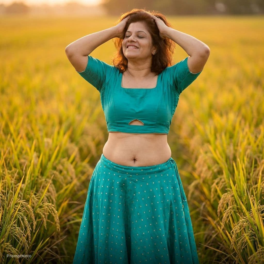 AI generated: Photorealistic cinematic full-body portrait of a beautiful mature Indian woman with a toned midriff ...