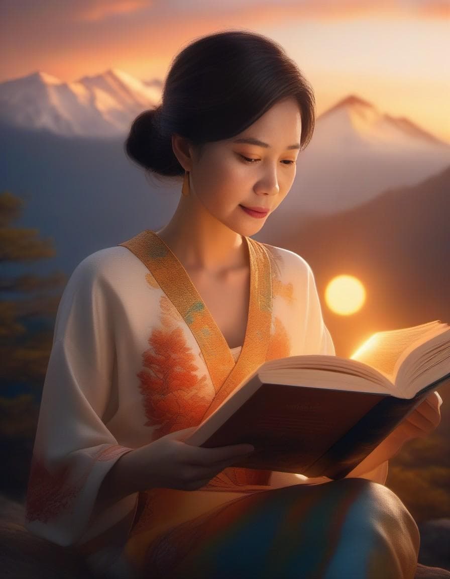 AI generated: Photo of a woman reading an ultra-realistic book, spectacular light, colorful sunrise, mountains in ...