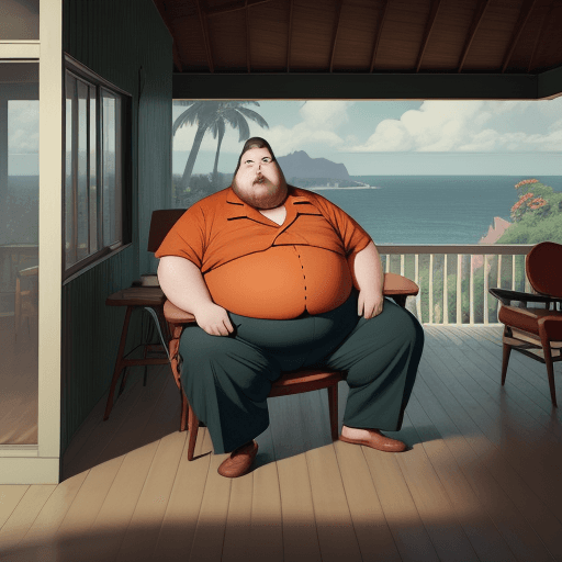 AI generated: Hyper realistic eye level exterior photo of a mid century modern a portrait with face of a fat man s...