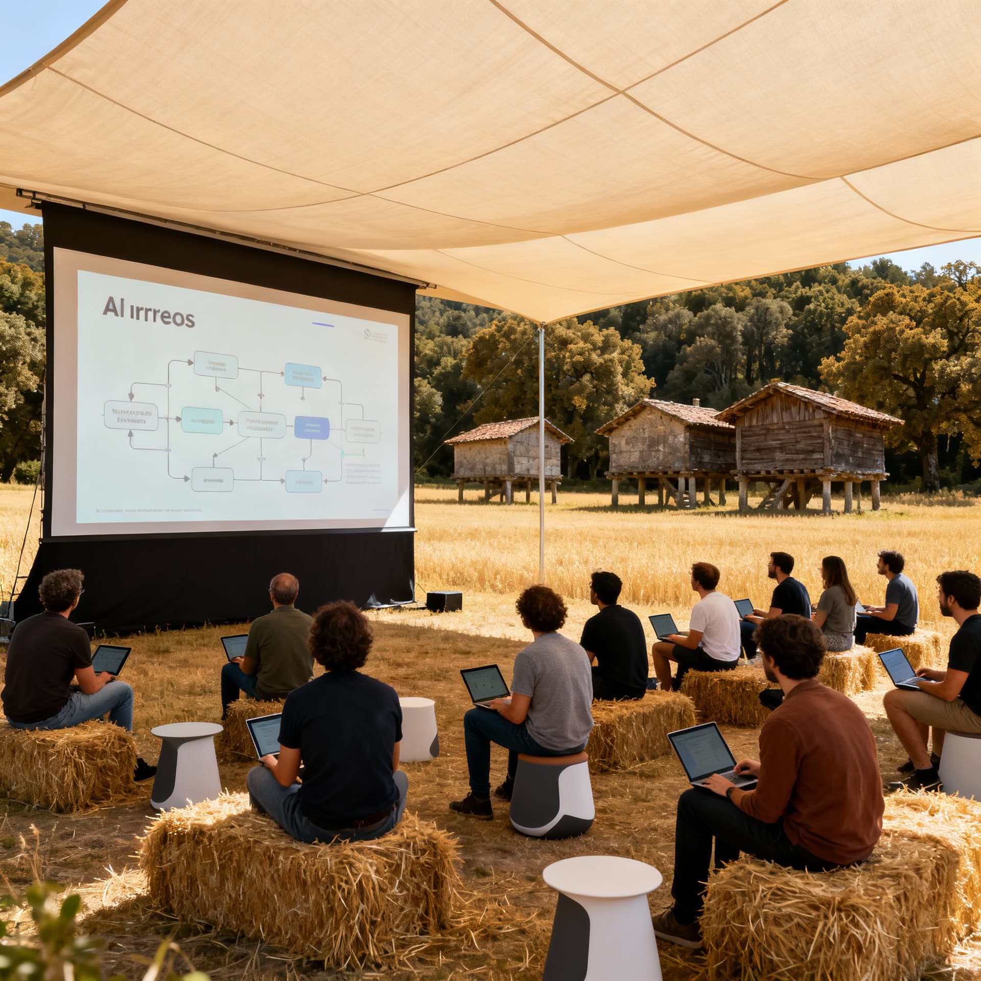 AI generated: A wide-angle landscape photograph of an outdoor AI workshop taking place in a field in Anceu, Galici...