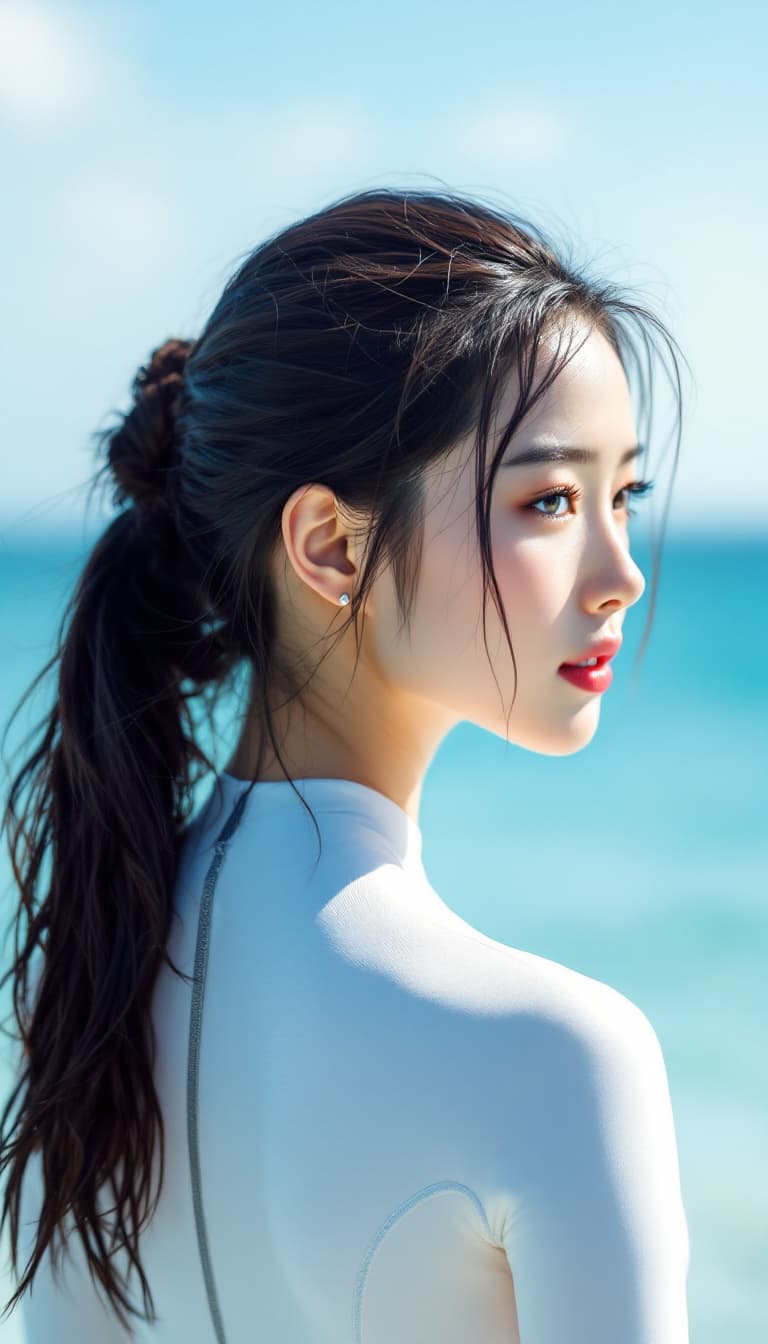 AI generated: High resolution image. A Korean woman in a white freediving suit. Her back view. Her gaze is to the ...