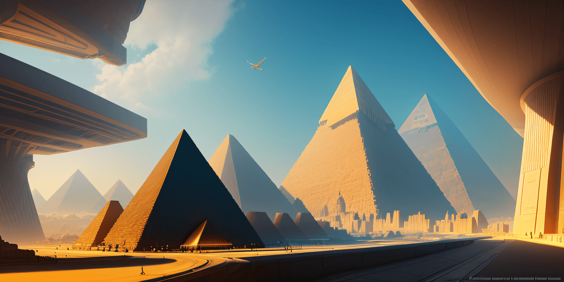 AI generated: a digital futuristic city with the pyramid of Giza landscape with flying cars, elegant, highly detai...