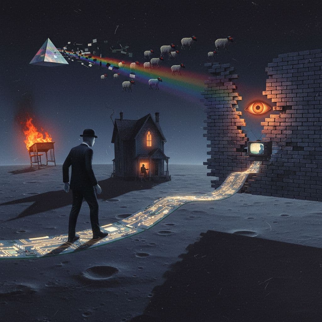 AI generated: A chaotic, surreal, and illogical scene inspired by Pink Floyd's '70s album art. In the foreground, ...