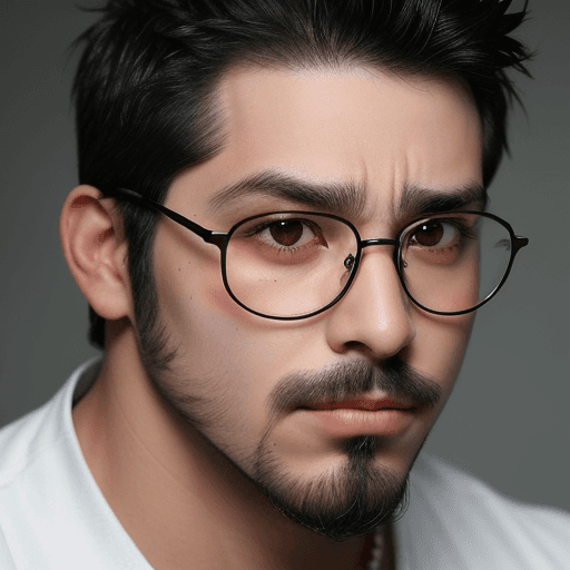 AI generated: solo, looking at viewer, short black hair, 1boy, male focus, glasses, facial hair, frown, scar, spik...