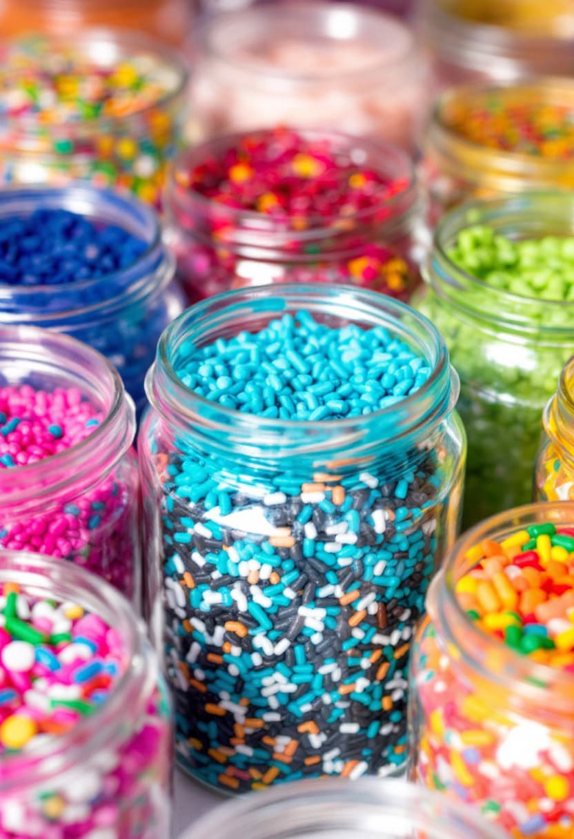 AI generated: Colorful jars of vibrant sprinkles arranged in a row