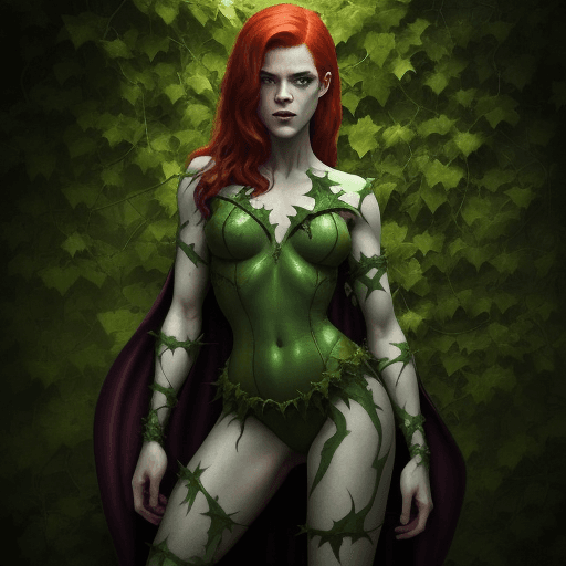 AI generated: Rose Leslie dressed as the villain Poison Ivy, full torso shown, held captive by vines wrapped aroun...