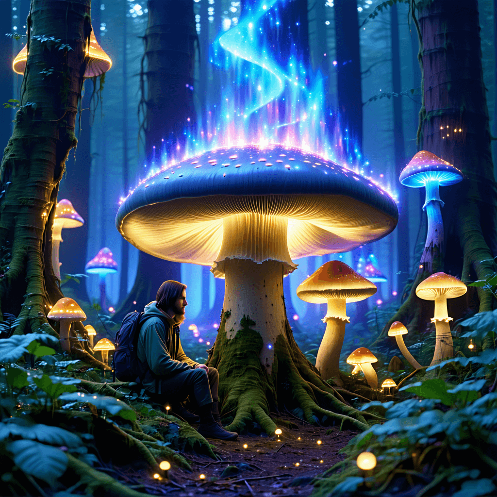 AI generated: Psychedelic, surreal. A mystical forest at dawn, soft golden light filtering through ancient giant m...