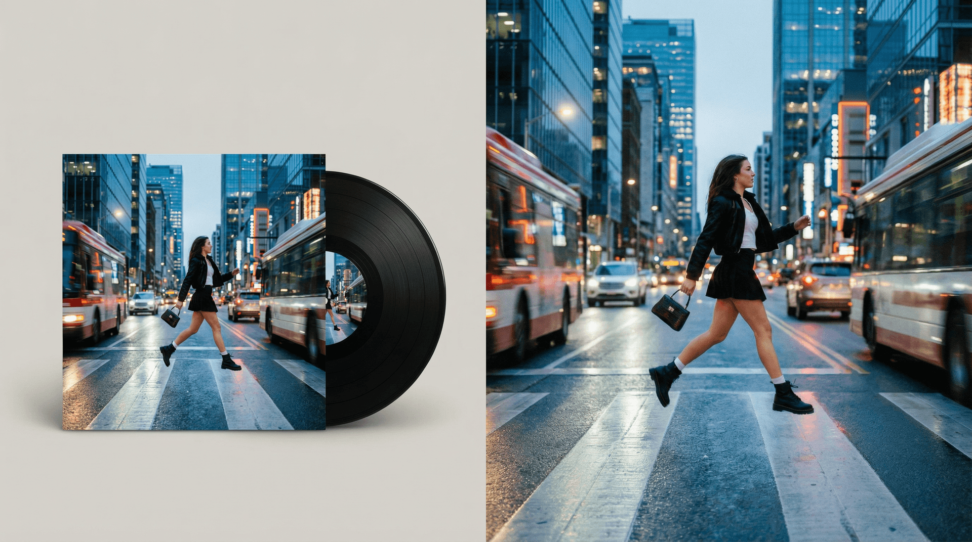 AI generated: split the image between these images, on the left side the vinyl, on the ride side the girl