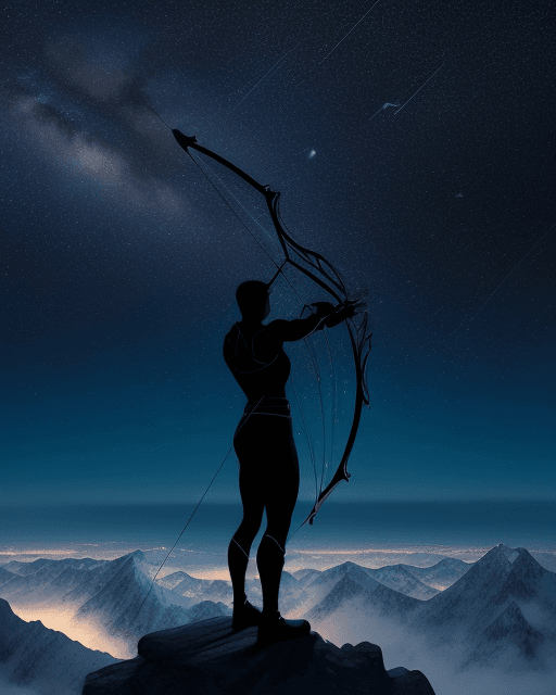 AI generated: "Setting Bold Goals": A hero aiming a bow and arrow at a distant, glowing star, standing on a mounta...
