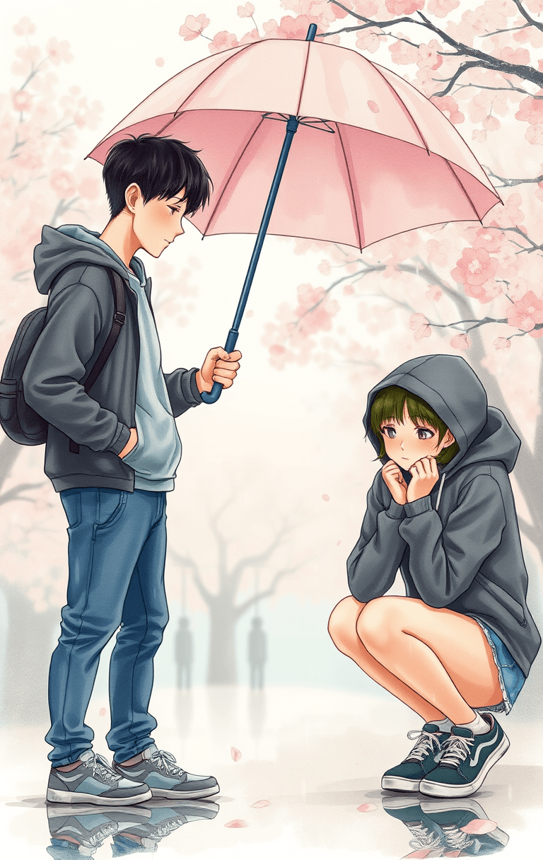 AI generated: A watercolor painting of a serene scene with a young man and woman in the rain. The man stands, hold...