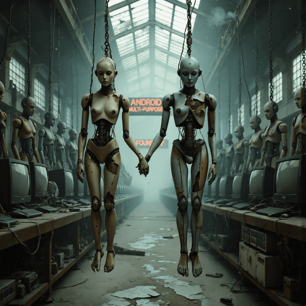 AI generated: A dark, decayed factory steeped in dampness and neglect. Rows of broken, lifeless androids hang from...