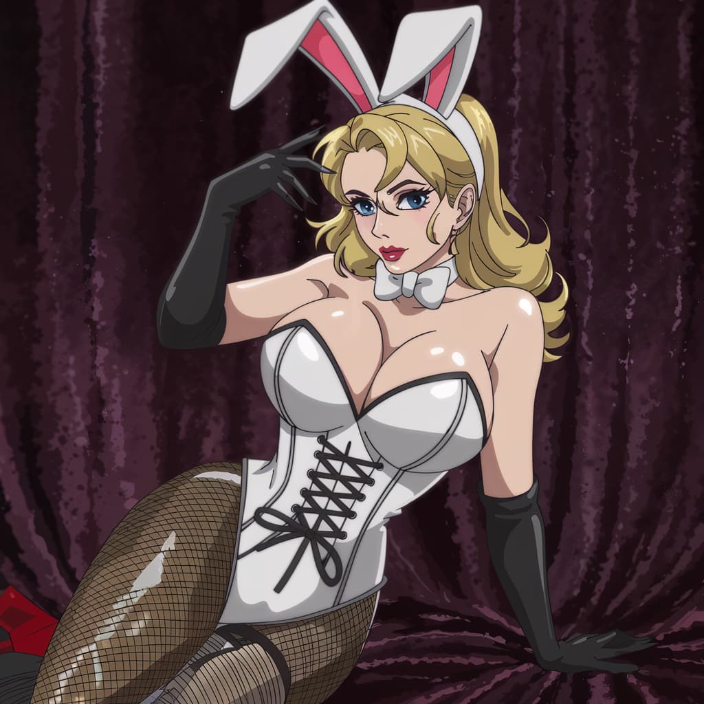 AI generated: Una foto de una mujer rubia vestida de conejita de Pascua sexy. Lleva un disfraz de conejita blanca ...