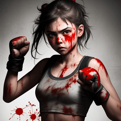 AI generated: a rebel girl standing in a fighting pose covered in blood with a runny nose and fists up determined ...