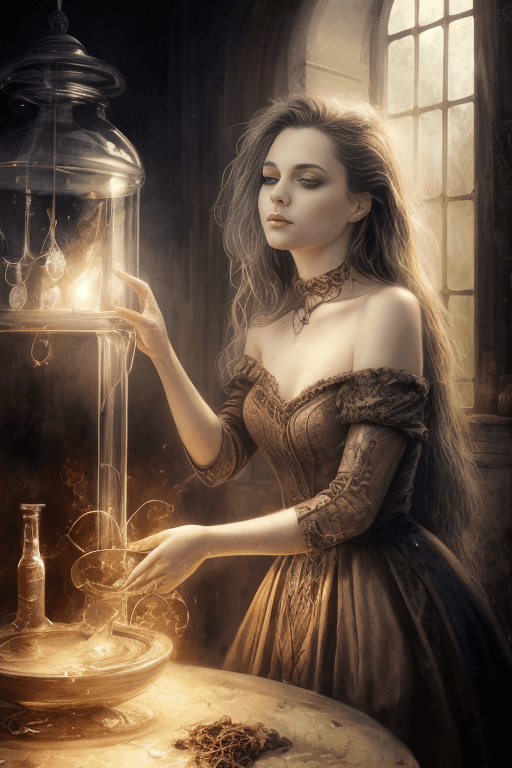AI generated: stunning fantasy witch practicing and studying Alchemy, Victoria Frances, Luis Royo, (french:0.3, it...