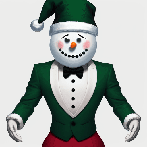 AI generated: Make a character with the head of a snowman and the body of a human and it is happy and smiling with...