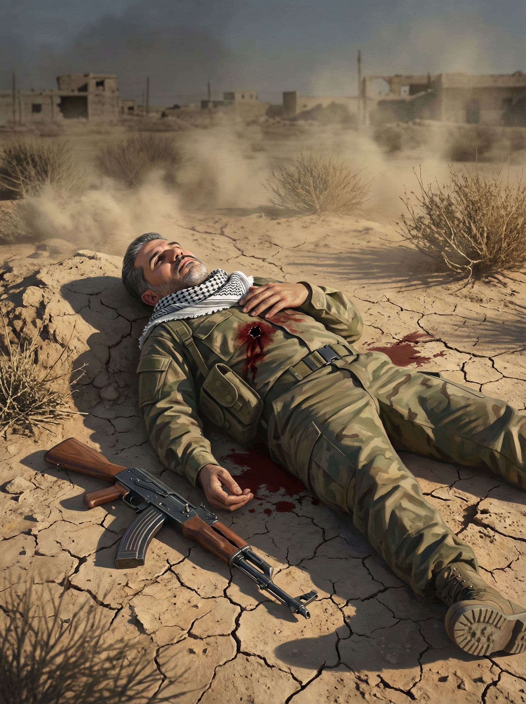 AI generated: در کسوت شهید تیر خورده و افتاده. وی زمین