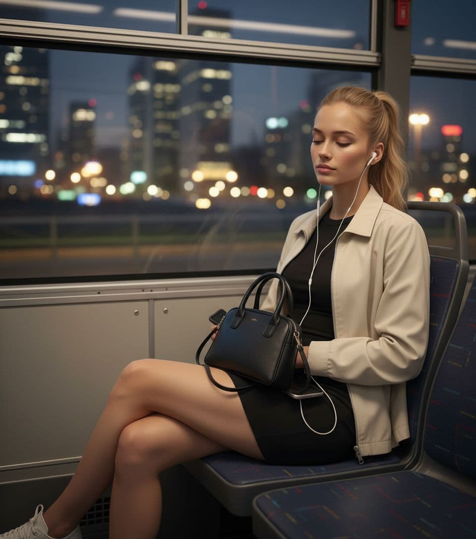 AI generated: A photo-realistic shot of the uploaded woman in a black mini skirt, black top and light jacket, seat...