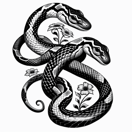 AI generated: snakes with flowers, tattoo sketch, smooth transitions, black patterns, more details, realistic