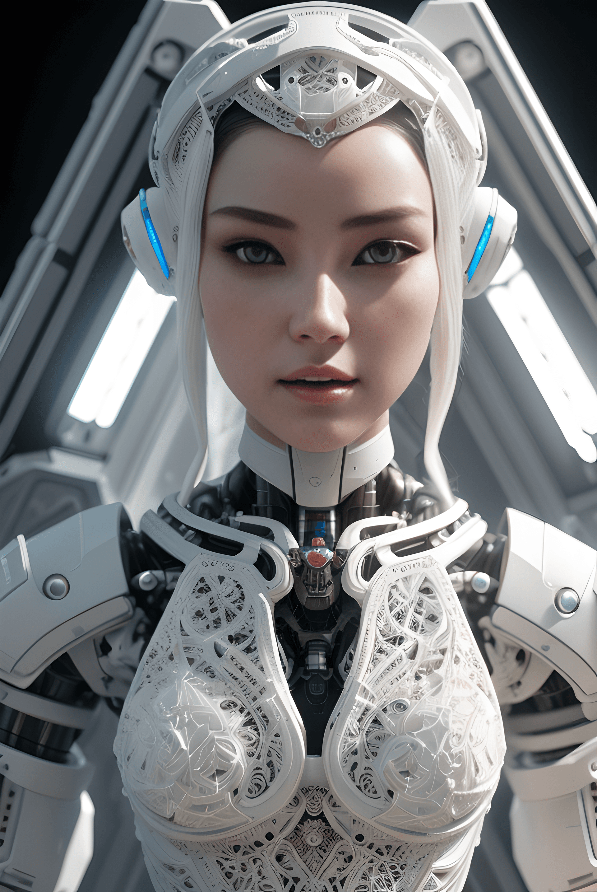 AI generated: humanoid female robot, beautiful, seductive, white, (intricate details:1.23), photorealistic, (infin...