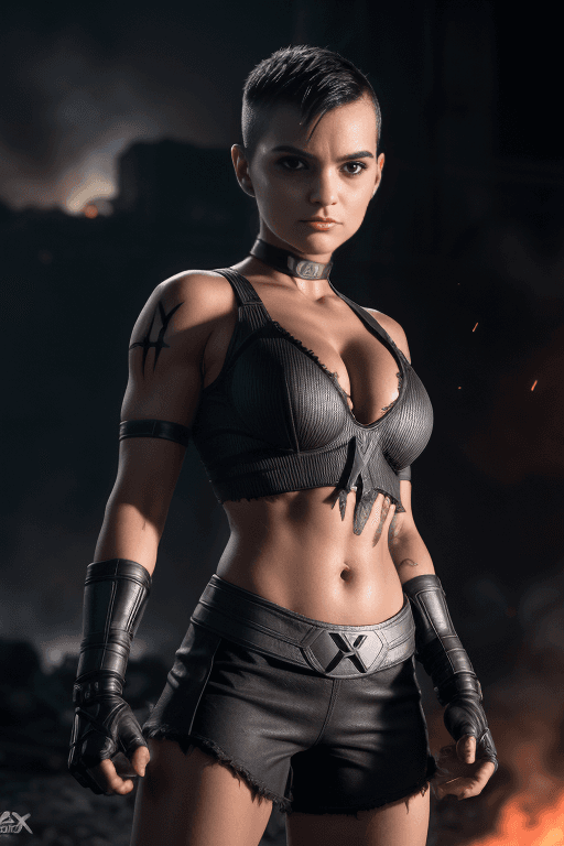 AI generated: photo of Brianna Hildebrand, (short black hair with shaved head:1.3), (torn shredded X-Men uniform:1...