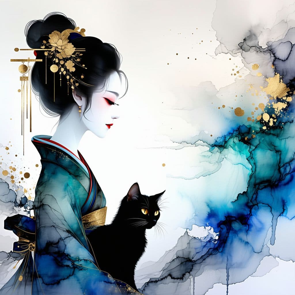 AI generated: Imagine a minimalist portrait of a Japanese woman's face, created with alcohol ink and accented by t...