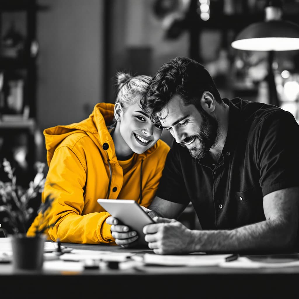 AI generated: A black-and-white photograph of a creative professional working on a digital tablet, with a vibrant,...