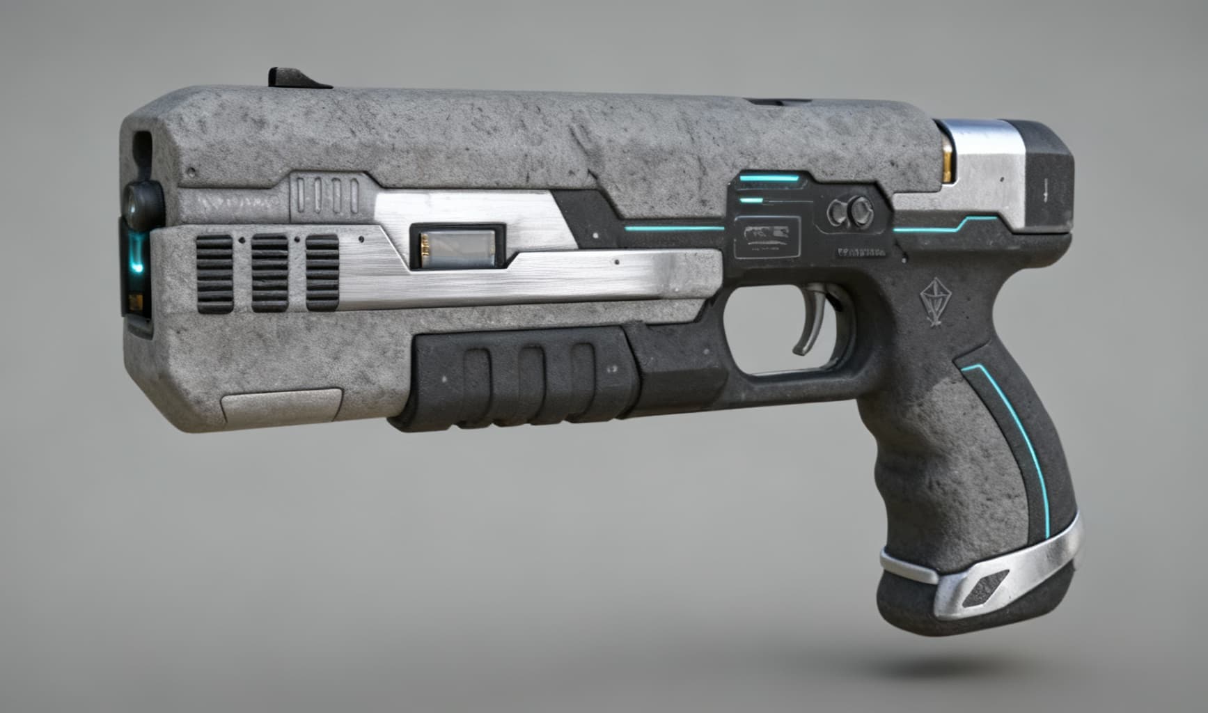 AI generated: Design a chunky, clearly fictional Wisp Pistol for Our’World: short, broad muzzle, soft rubberized g...