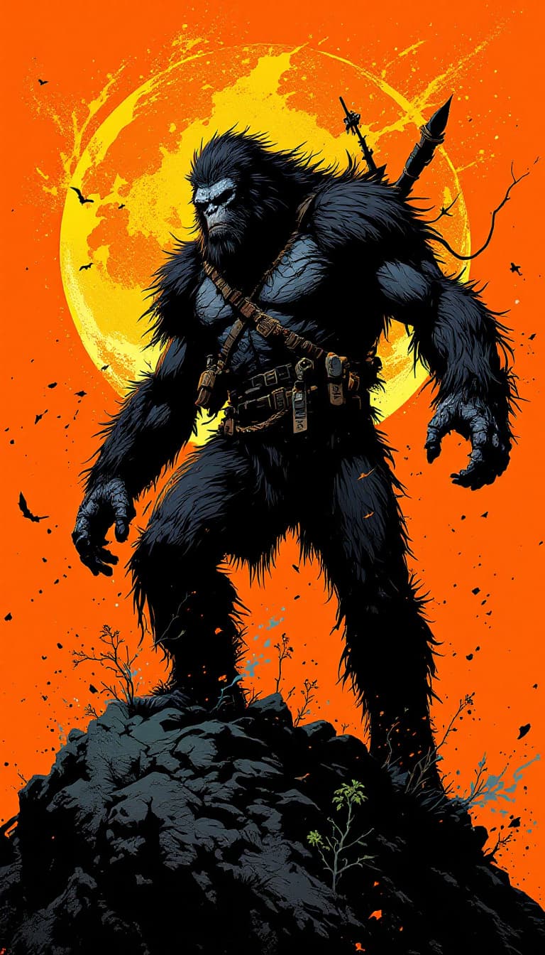 AI generated: Bigfoot, concept art in the style of Yoji Shinkawa and Dominik Mayer with vibrant colors and a dynam...