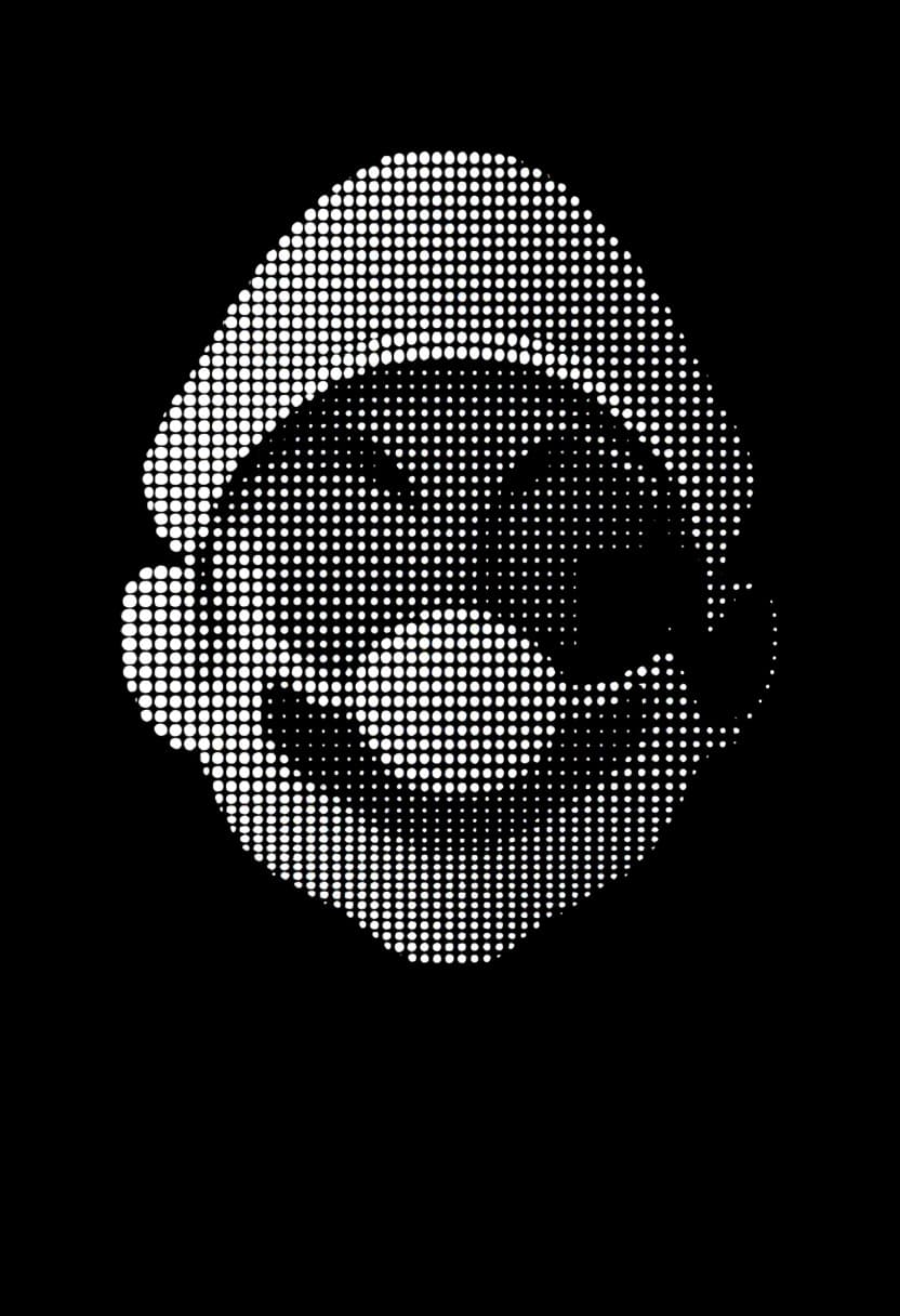 AI generated: a simple white dotted dots forming the 3D shape of Super Mario's face from half side, 3D design, vec...