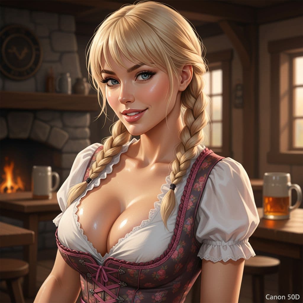 AI generated: stunning (photo of 30yo busty blonde woman), (huge tits out of dress), visible tits, pale skin, twin...