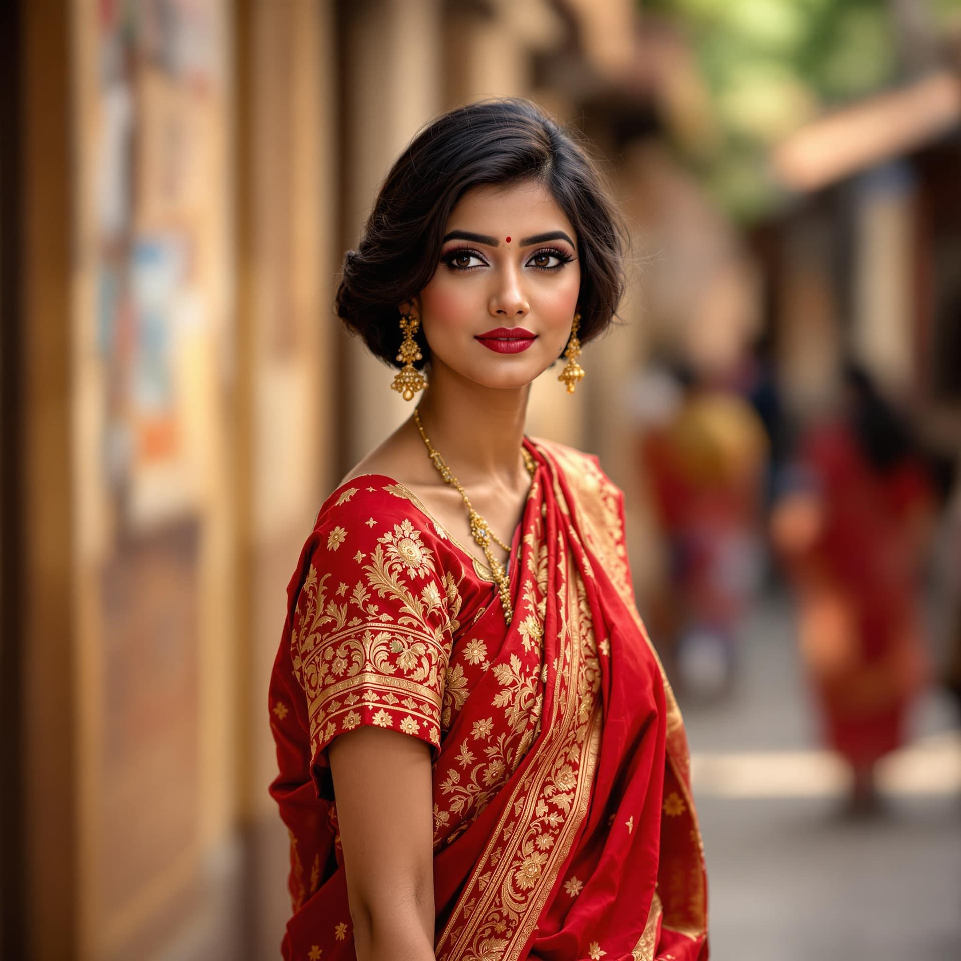 AI generated: a professional photograph of a beautiful Indian woman, short hair, wearing red saris, looking at cam...