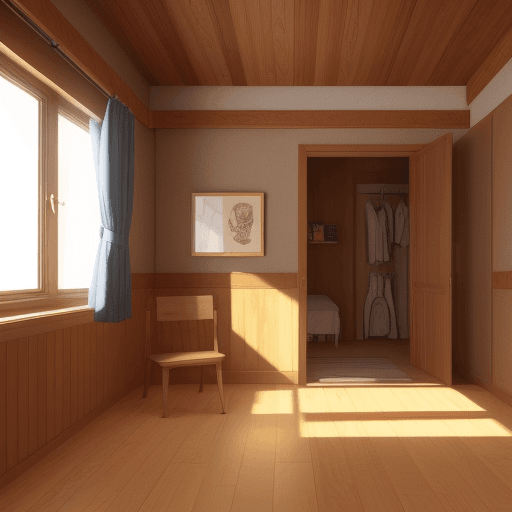 AI generated: wooden room, detail rich, scenario to use in videos, background, bedroom, 8k
