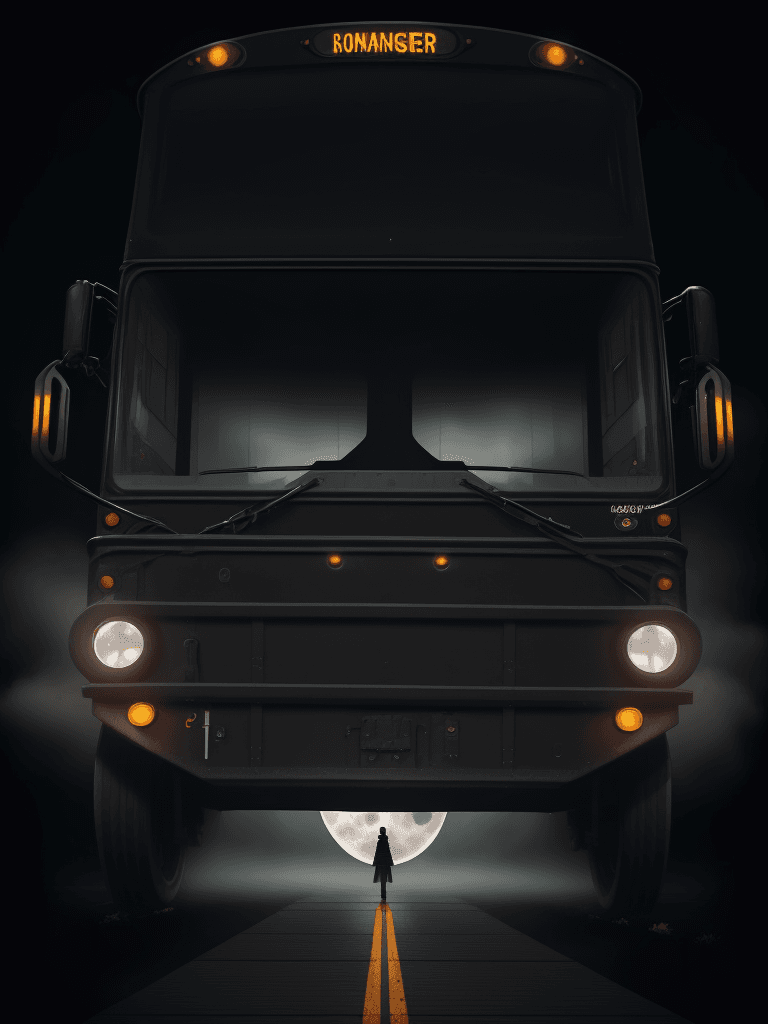AI generated: passenger boarding the glossy black school bus, foggy, moonlight, large in frame, symmetrical, <lora...