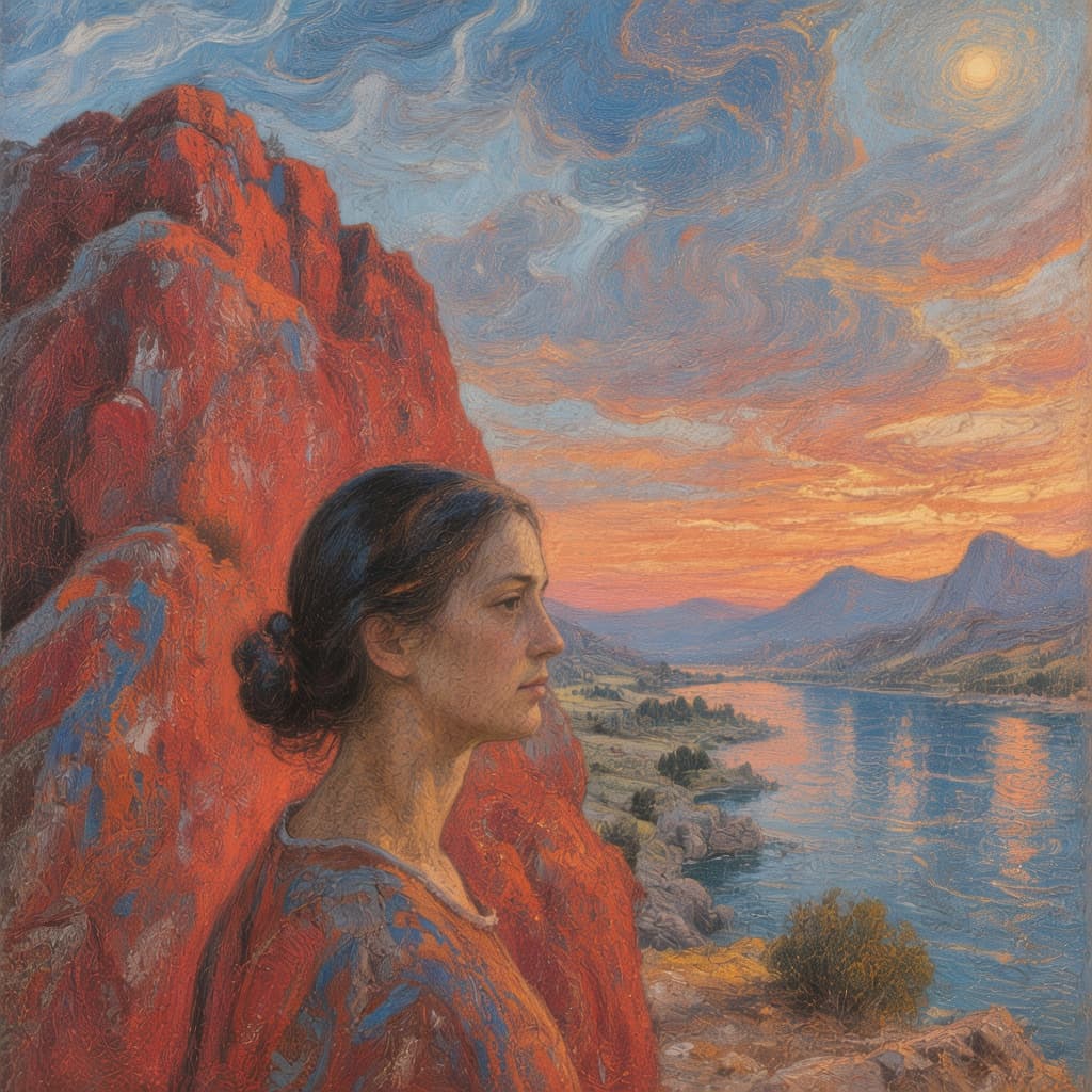 AI generated: the moonlight in bloom, painting, in the style of bay area figurative art, orange, realist figure pa...