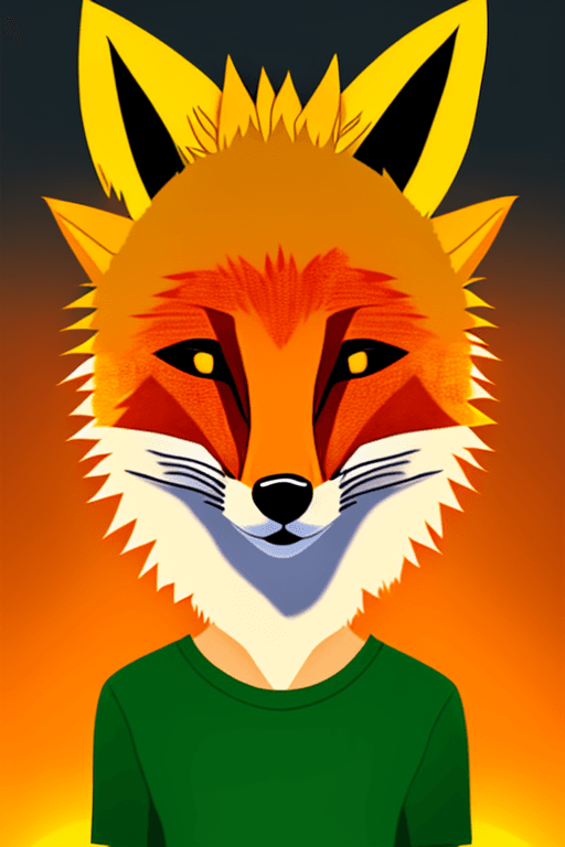 AI generated: stylized digital art portrait of a fox with short spiky hair, holding a sunflower, he has deep green...