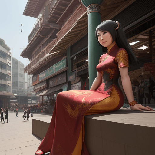 AI generated: 
lady bayamah asian with dragon dress sitting in the center of parkour city at market place 