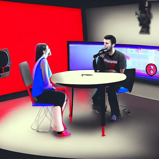 AI generated: A girl and a guy are sitting , there is a red button on the table,they are in the video studio,the m...