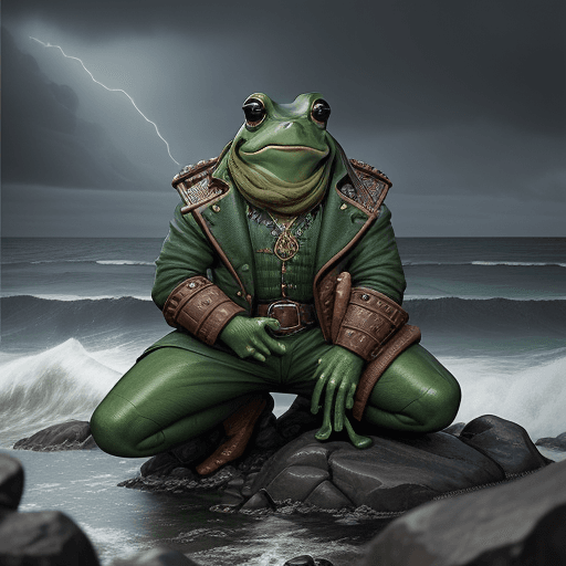 AI generated: A digital artwork of a frog wearing Irish clothes, kneeling on the planet's surface with rocks under...