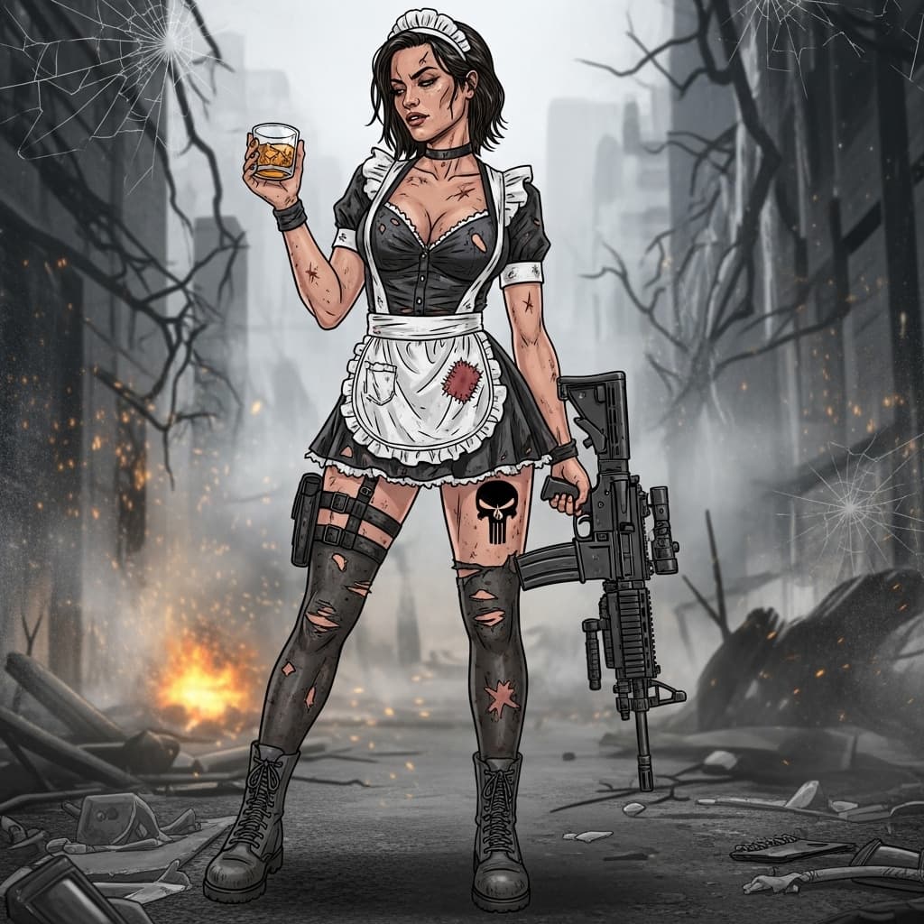AI generated: A gritty, dark illustration of a tough,  Latina woman exuding confidence and resilience. She's dress...