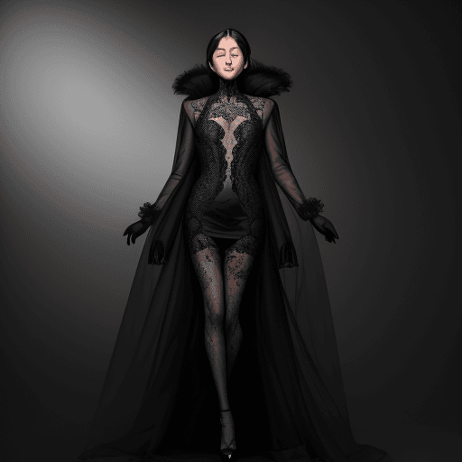 AI generated:  Gorgeous lady in a sheer black coat, captured in full-body pose with closed eyes. The image is a re...