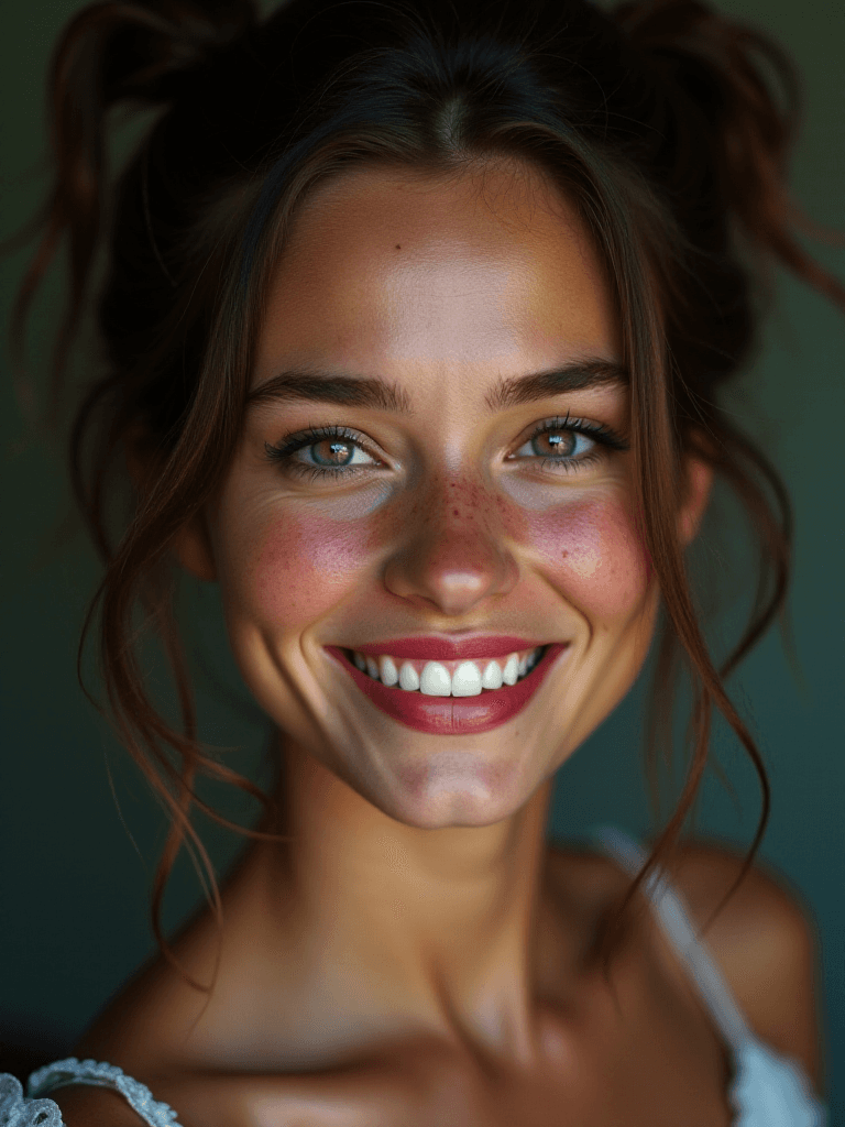 AI generated: beautiful lady, (freckles), big smile, ruby eyes, pigtails hair, dark makeup, hyperdetailed photogra...