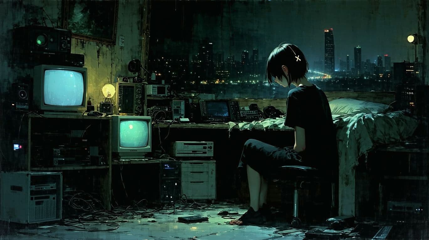 AI generated: Jeremy Mann, 1 girl , solo, sitting, john berkey, messy room, (iwl:1.3) , looking afar, short hair, ...