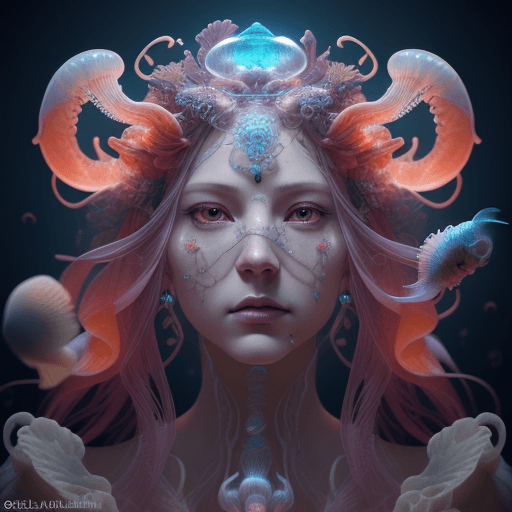 AI generated: Goddess close-up portrait ribcagel. jellyfish phoenix head, nautilus, orchid, skull, betta fish, bio...