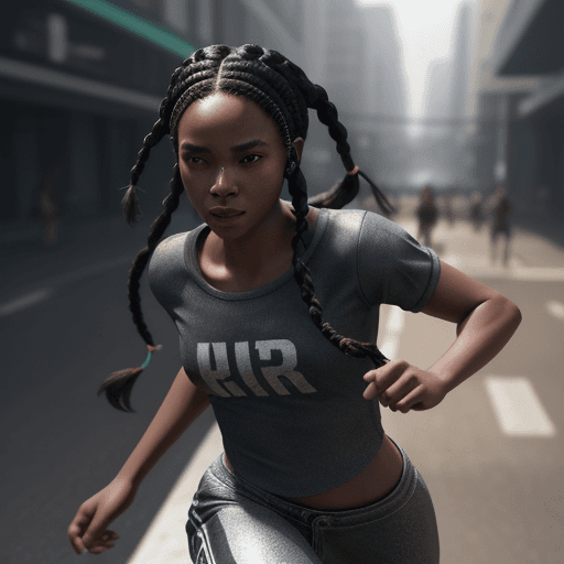 AI generated: Black girl with braids runs from people chasing her, hyper-realism, high detail, octane render, 8k