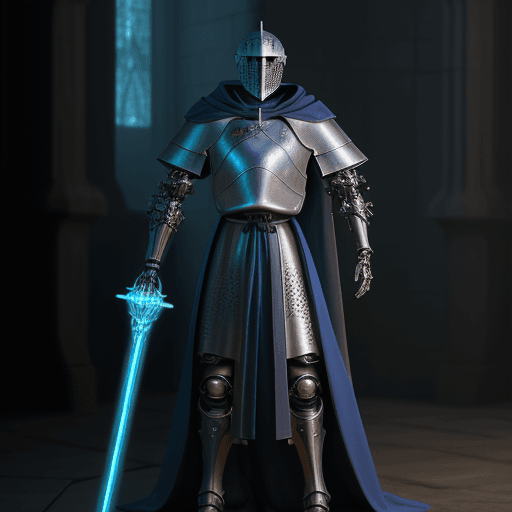 AI generated: medieval knight cybernetic mage with cool robes and glowing weapon, sci-fi, photorealistic, cinemati...