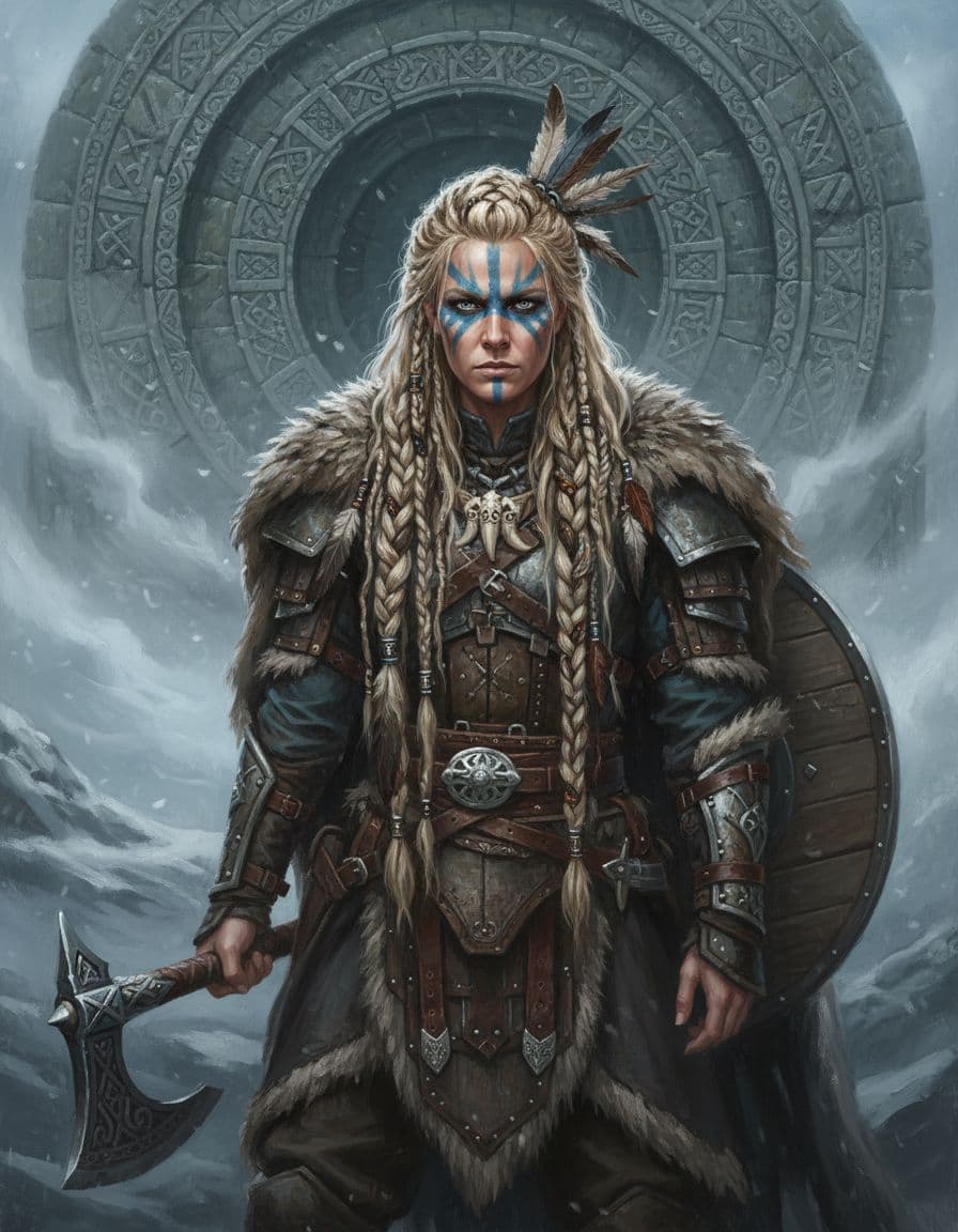 AI generated: Full body acrylic oil painting of a female Viking warrior with braided hair. War paint on her face. ...