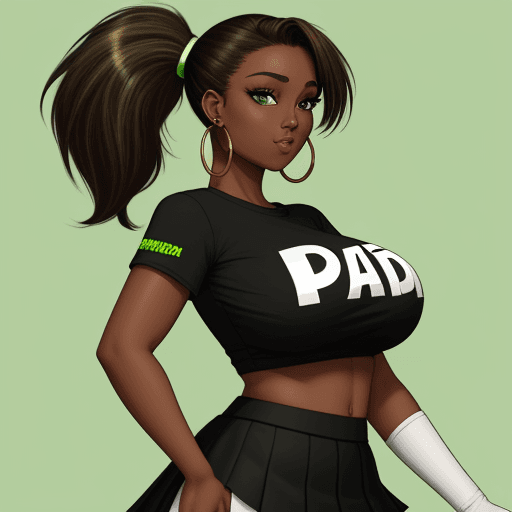 AI generated: pandad, brown hair, dark skin, green eyes, huge breasts, two tone hair, hoop earrings, single ponyta...