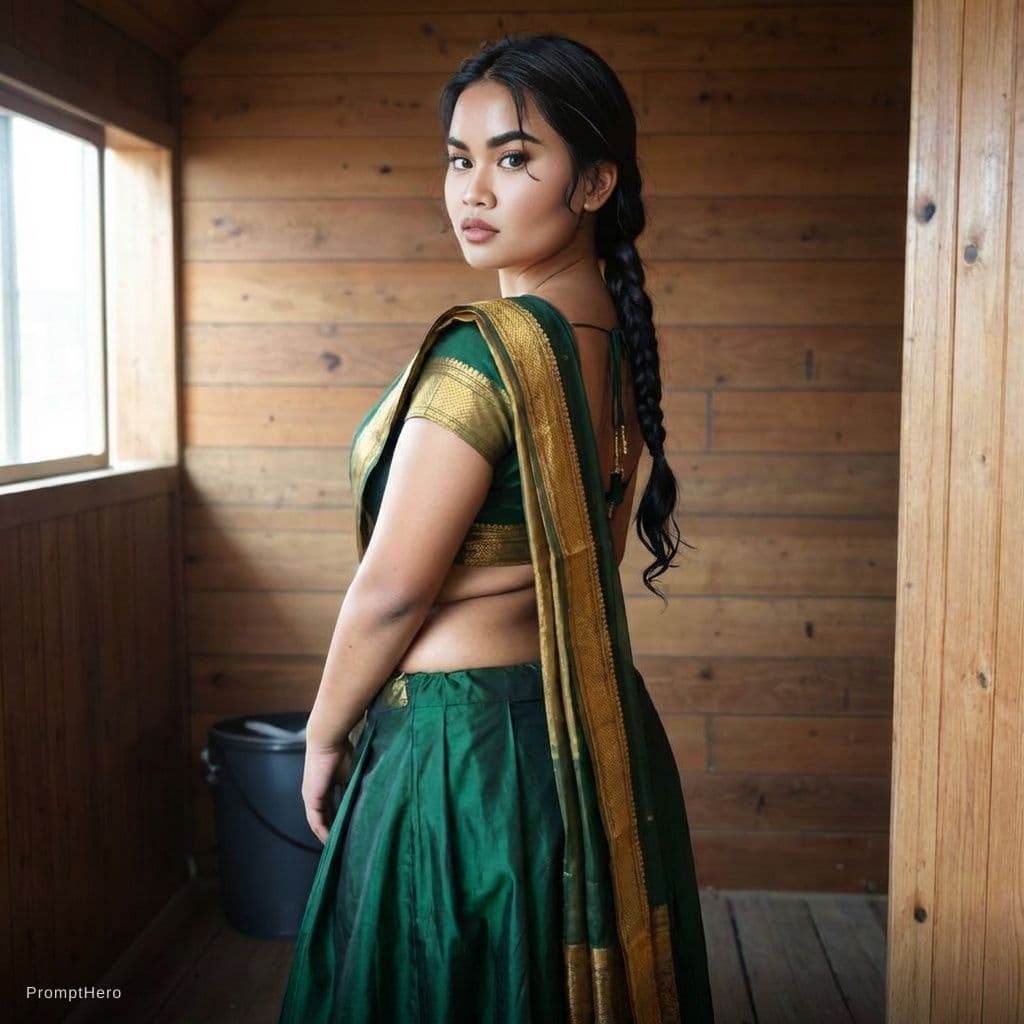 AI generated: An indian milf with long braid, in half saree with her navel being visible
